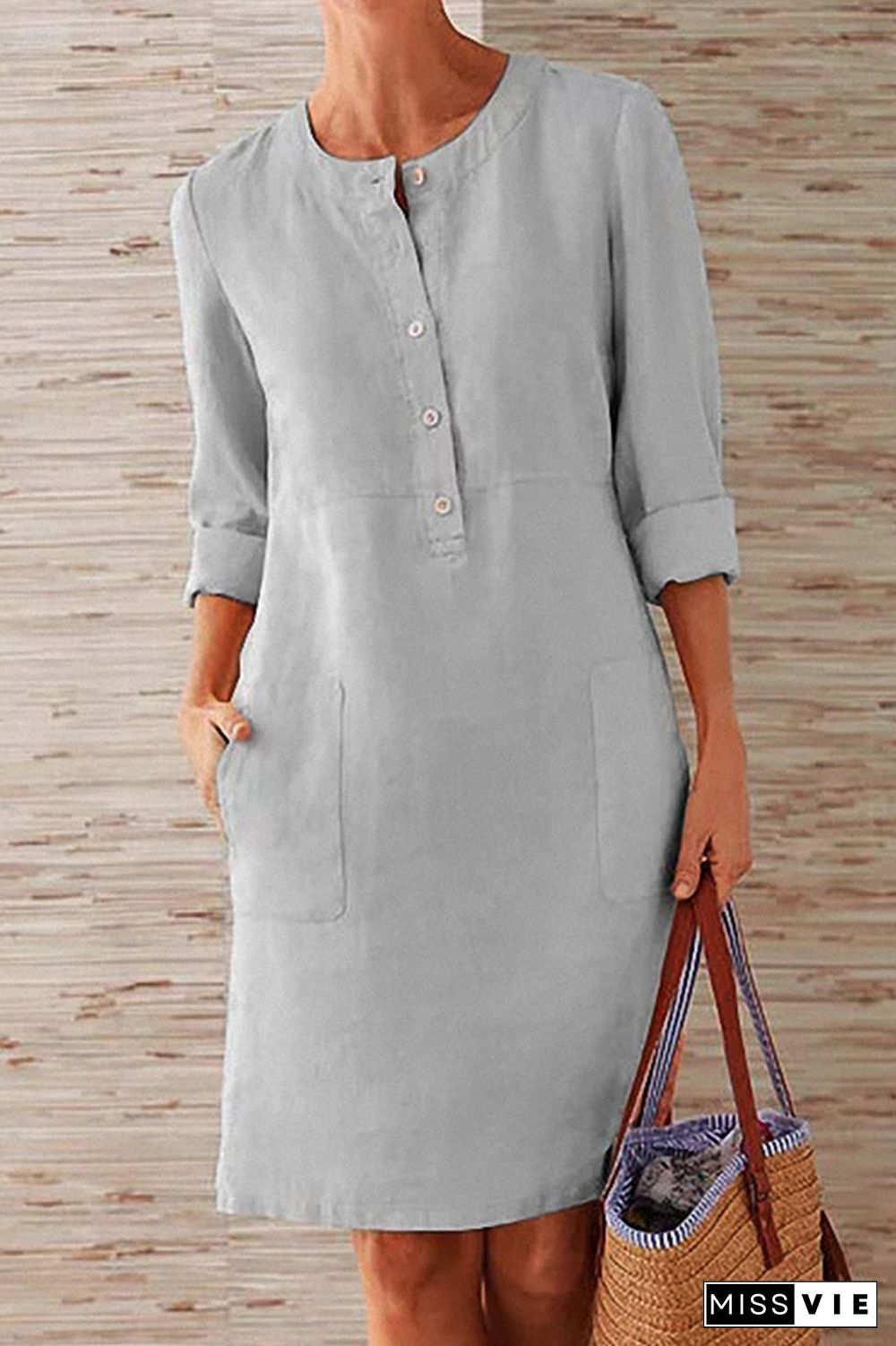 Casual Solid Pocket Buckle O Neck Long Sleeve Dresses(6 Colors)