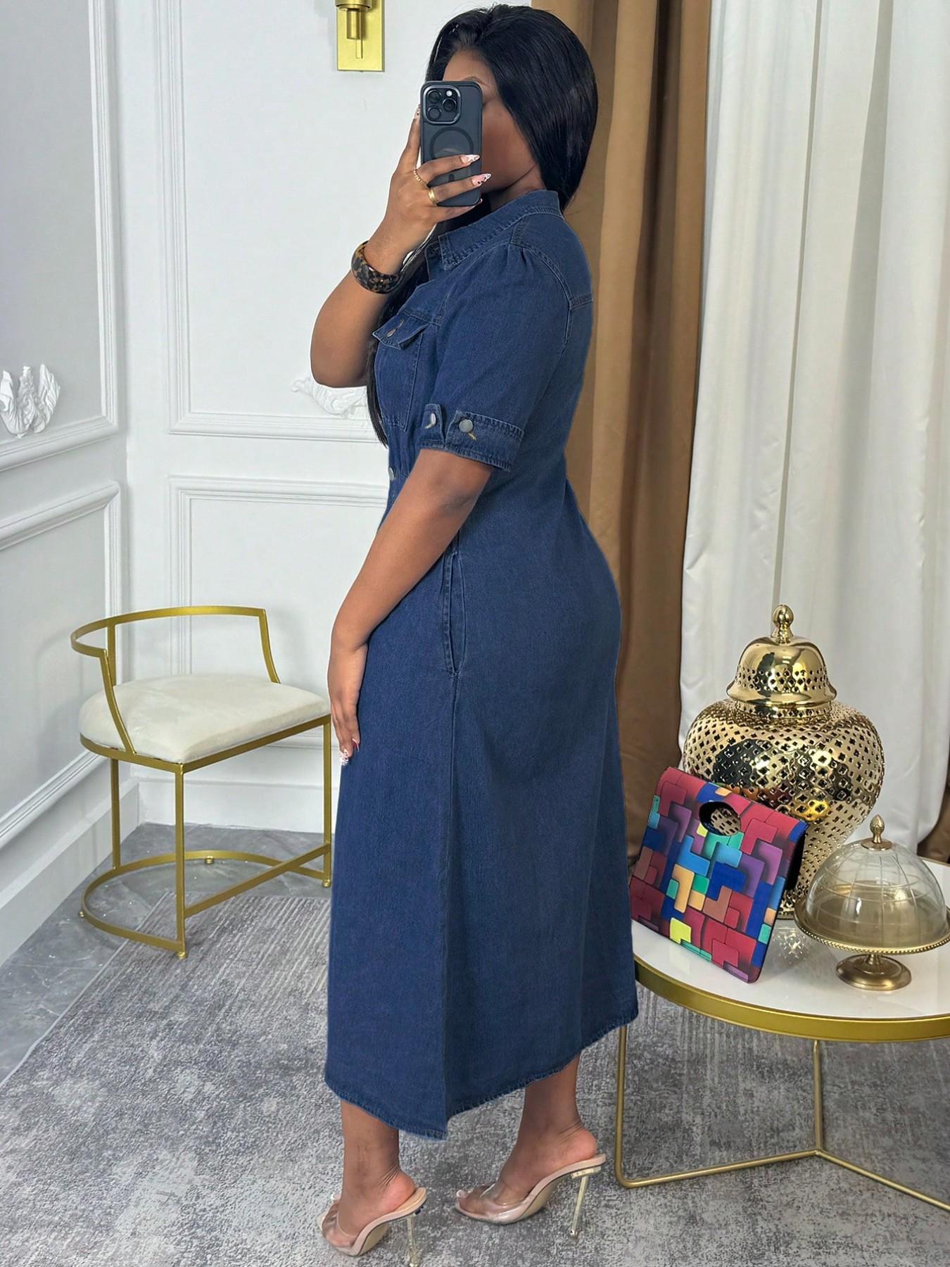 Chic Denim Shirt Dress, Button-Down Midi Dress with Chest Pockets and Cuffed Sleeves, Effortless Casual Jean Dress Chic Denim Shirt Dress, Button-Down Midi Dress with Chest Pockets and Cuffed Sleeves, Effortless Casual Jean Dress