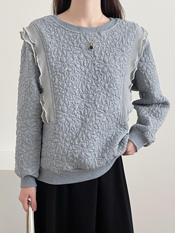 Loose Pearl Decoration Floral Print Hoodie