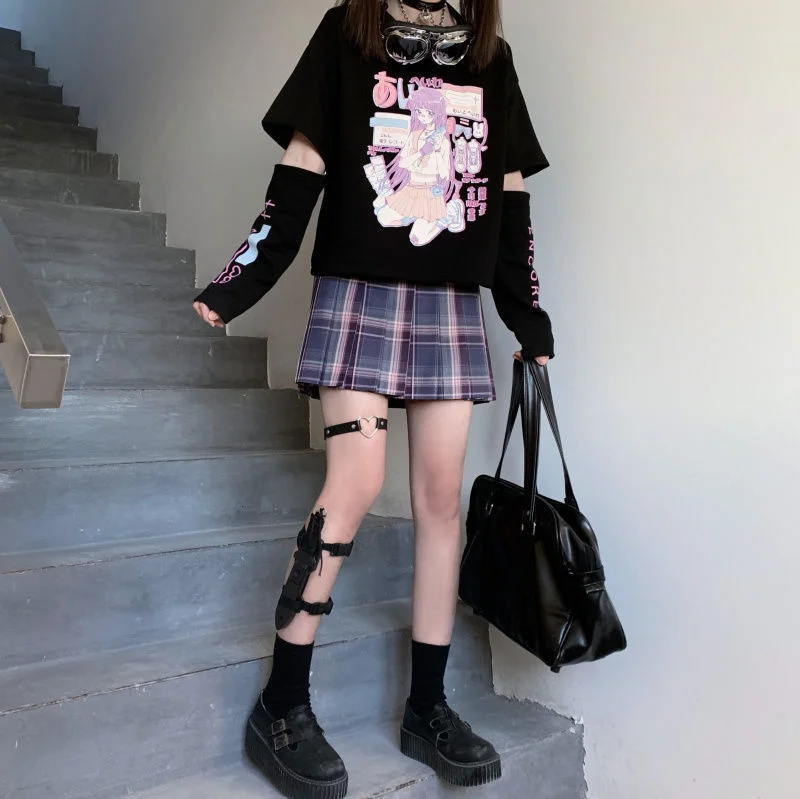 ANIME GIRL TWO SLEEVES PATCHWORK T-SHIRT