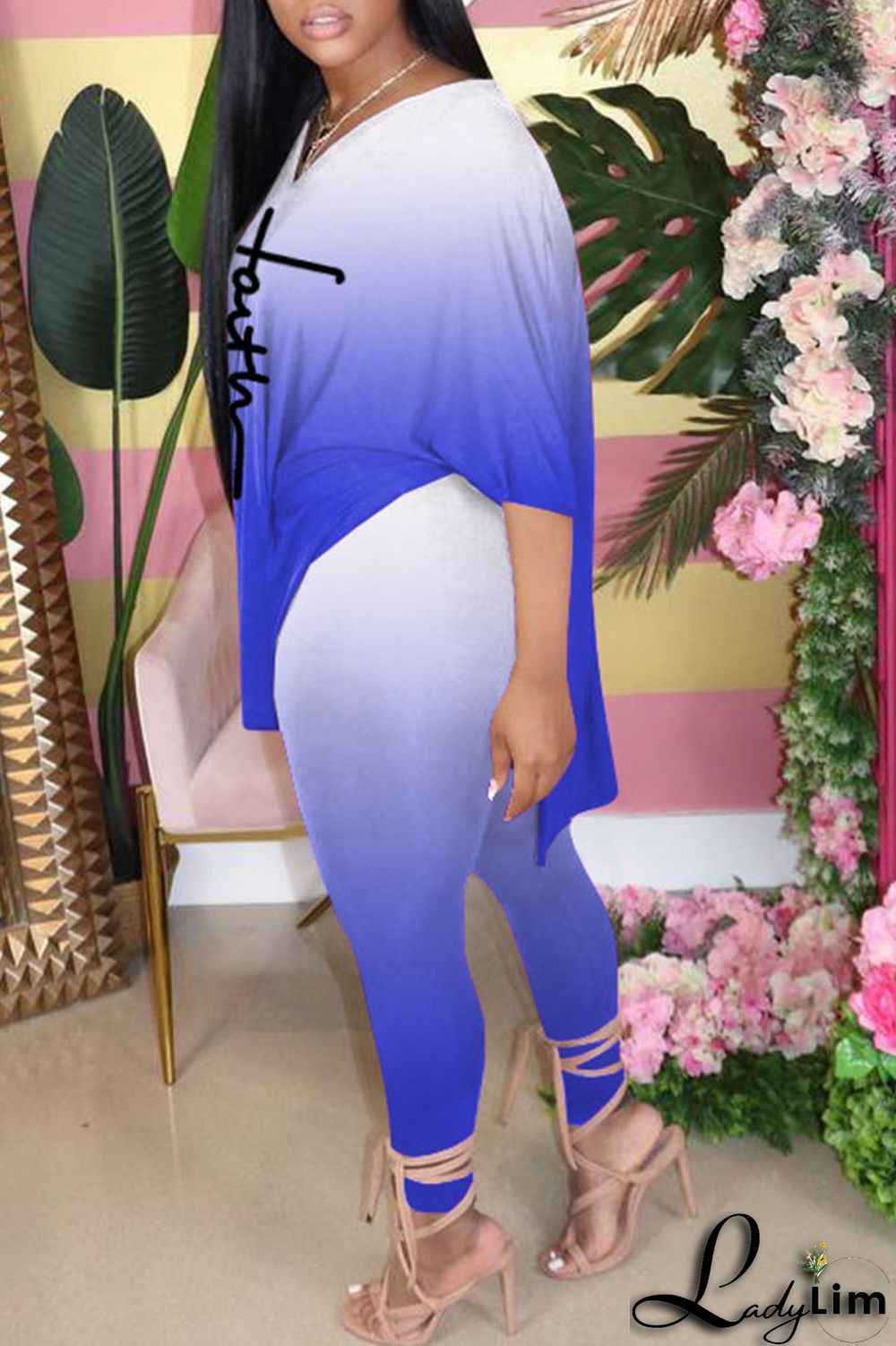 Black Casual Gradual Change Print Patchwork Slit V Neck Half Sleeve Two Pieces