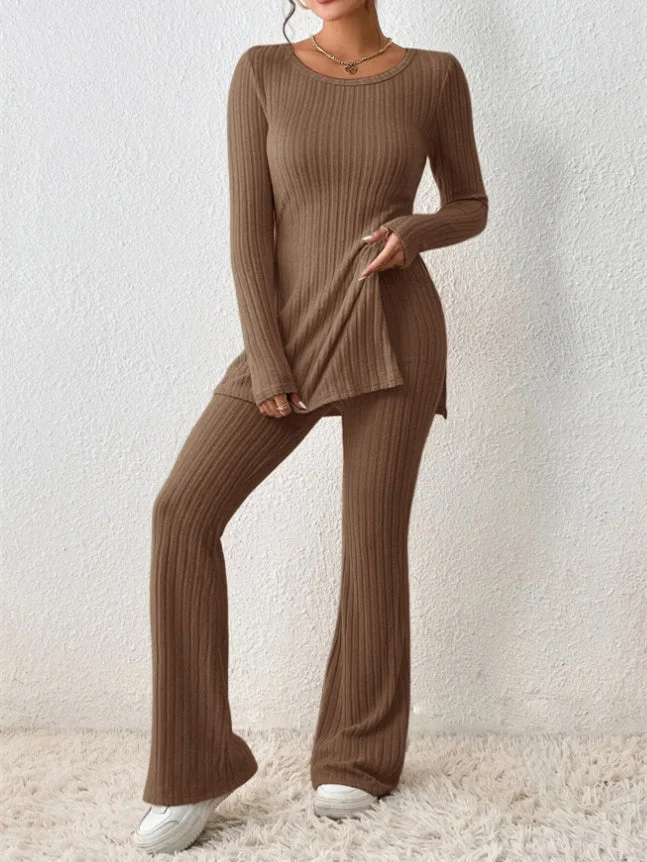 Women's Long Sleeve Scoop Neck Solid Color Two-Piece Set