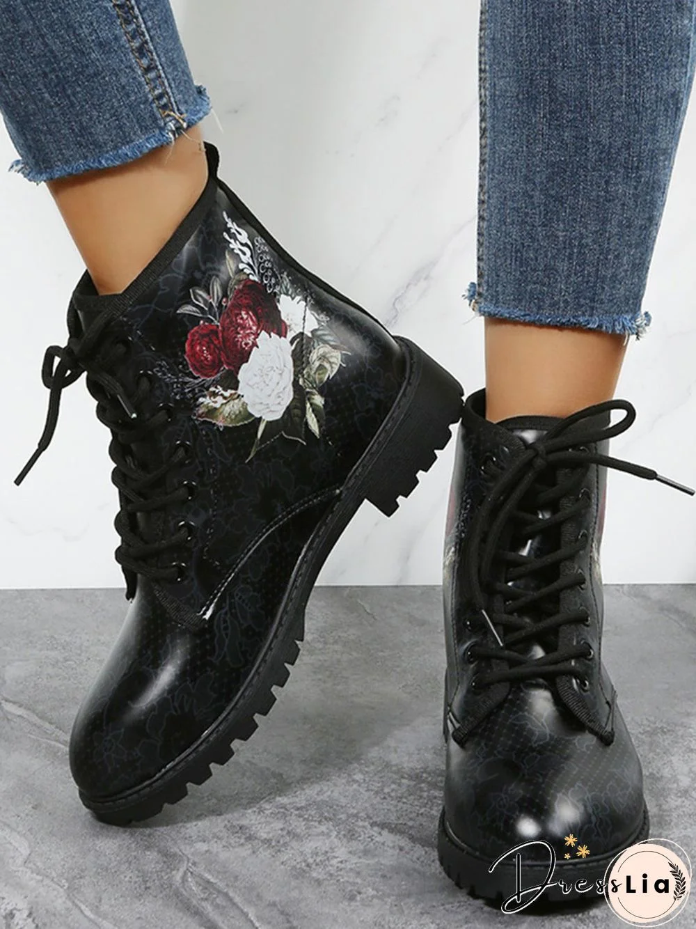 Rose Print Lace-up Ankle Boots