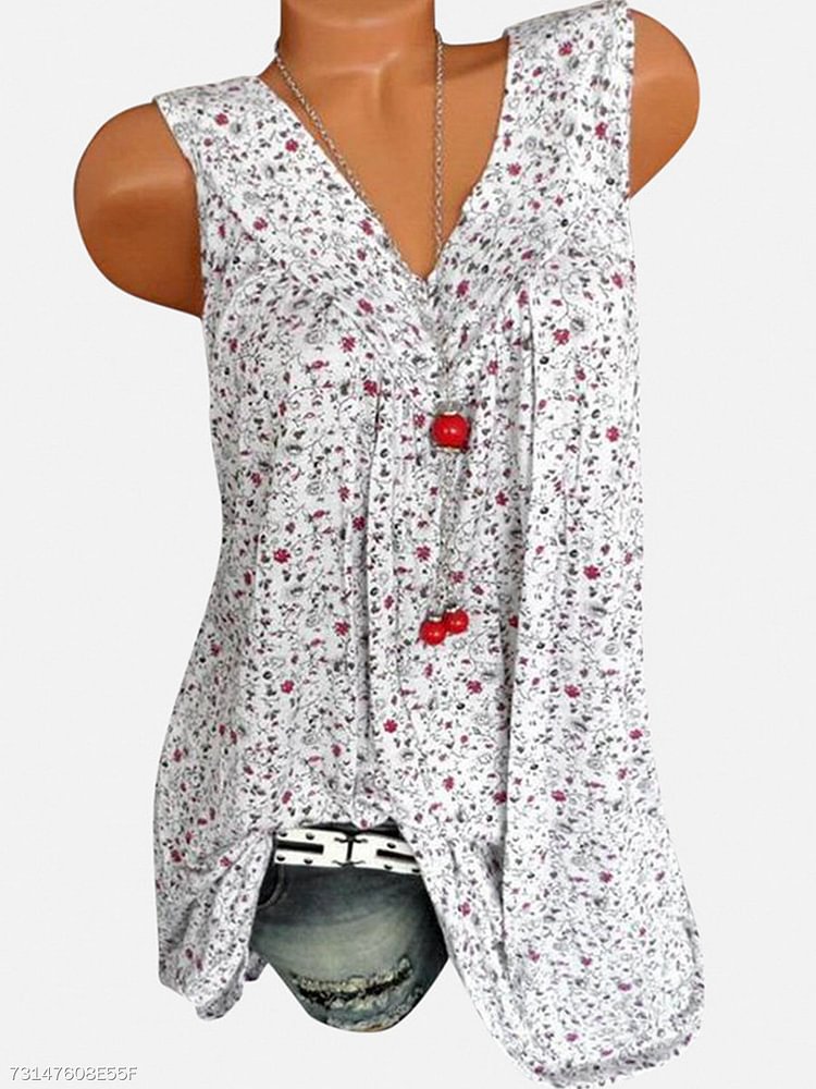 Women's V Neck Loose Fitting Printed Sleeveless T-Shirts
