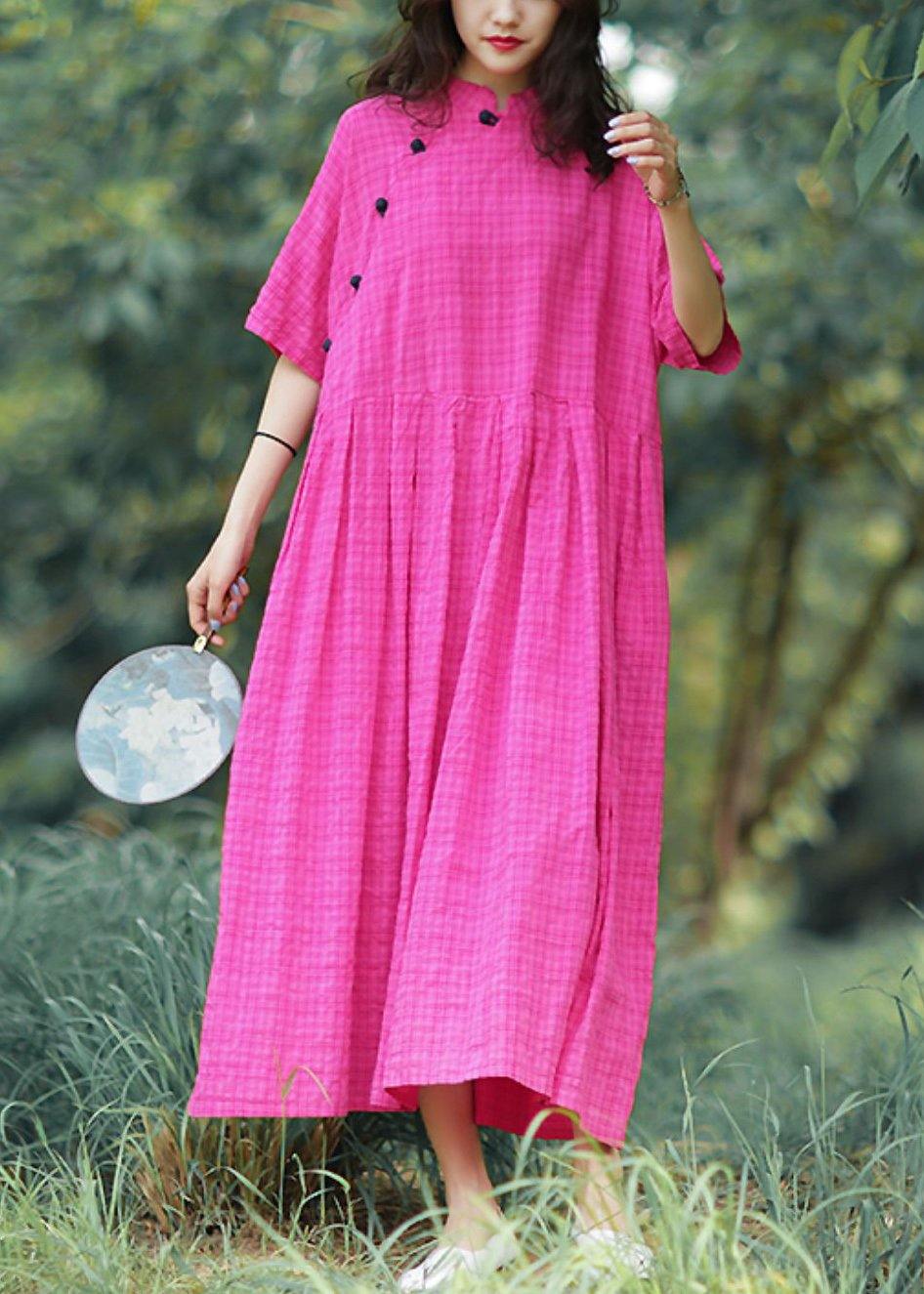 VCSHOES stand collar linen summer Robes Photography rese plaid Dress