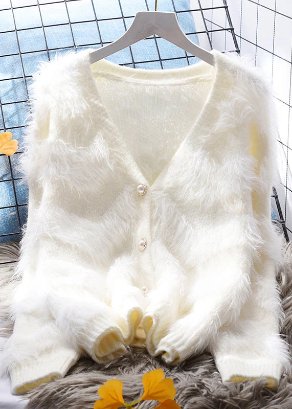 Italian White V Neck Patchwork Mink Hair Knitted Cardigan Fall