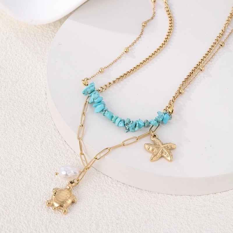Beach Tortoise Starfish 304 Stainless Steel Double Layer Necklaces