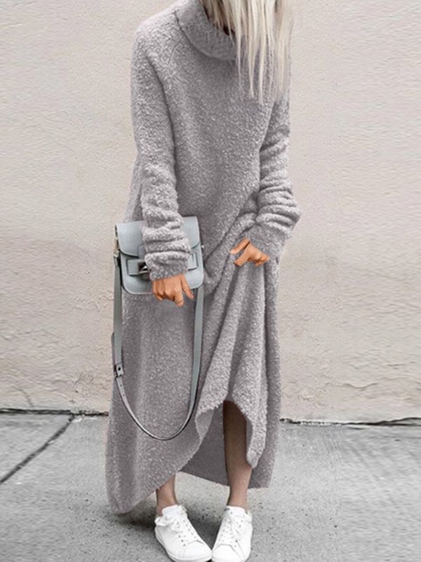 Urban Loose Solid Color Velvet High-Neck Long Sleeves Maxi Dress