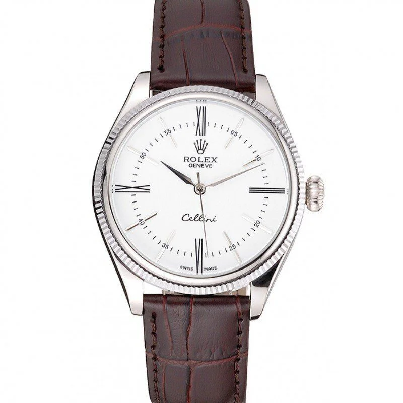 Rolex Cellini White Dial Stainless Steel Case Brown Leather Strap 622839