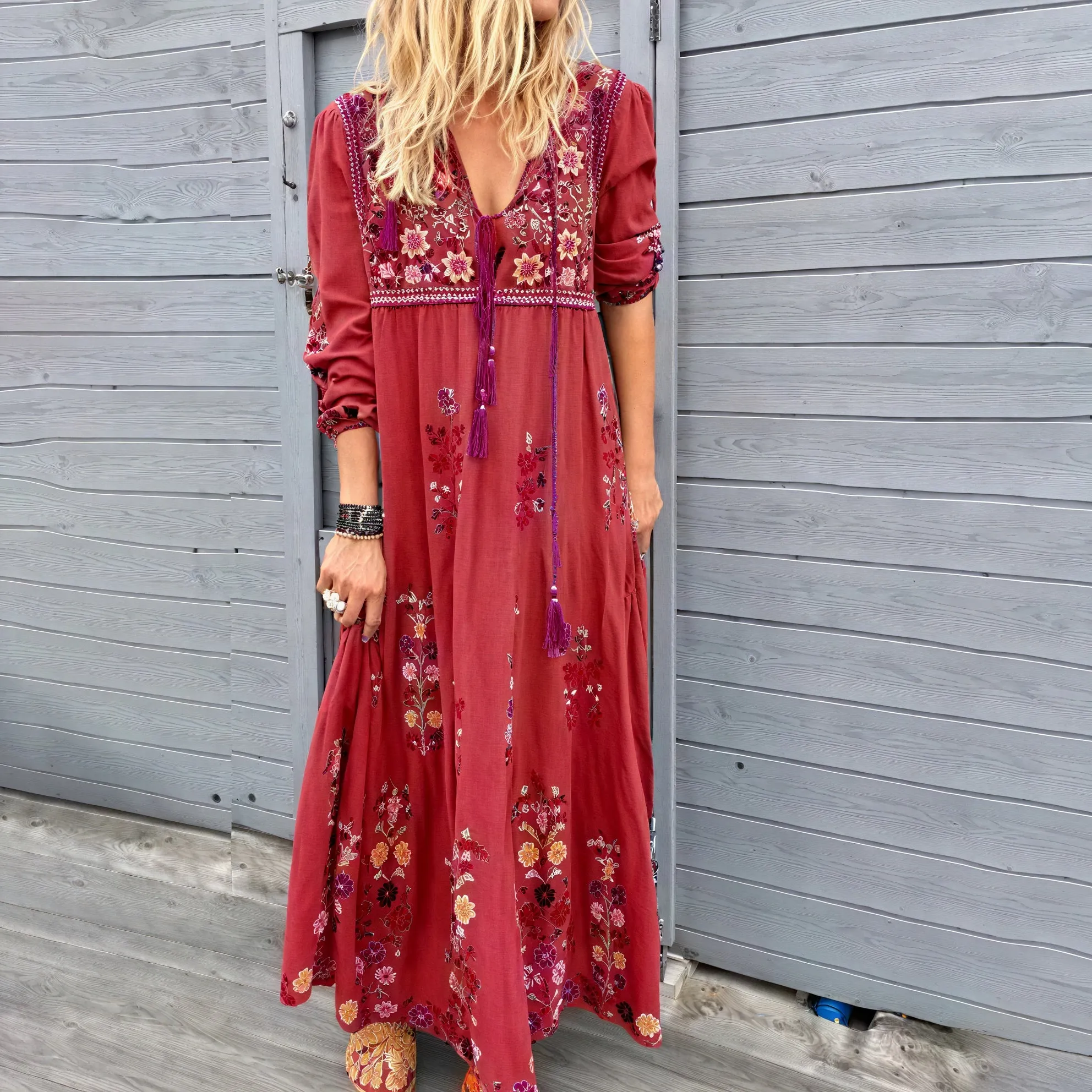 Lilly | Long-Sleeve Bohemian Maxi Dress with Embroidered V-Neck and Tassels - Image 1
