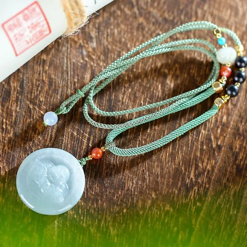 925 Sterling Silver Buddha Round Jade Prosperity Necklace Pendant