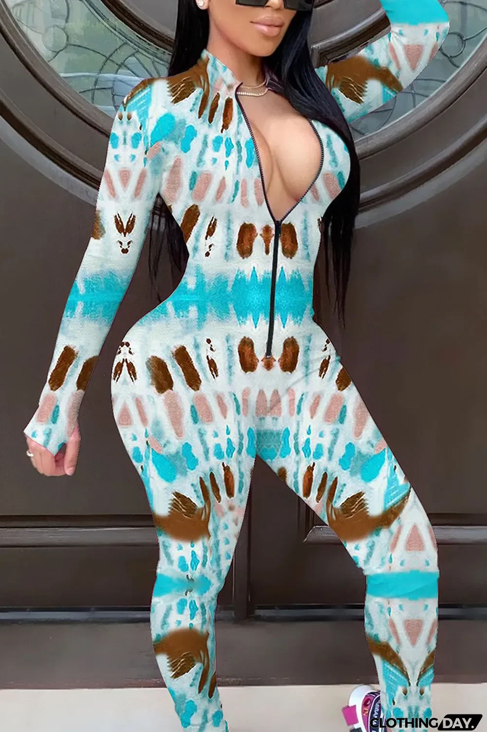 Orange Fashion Print Split Joint O Neck Regular Jumpsuits