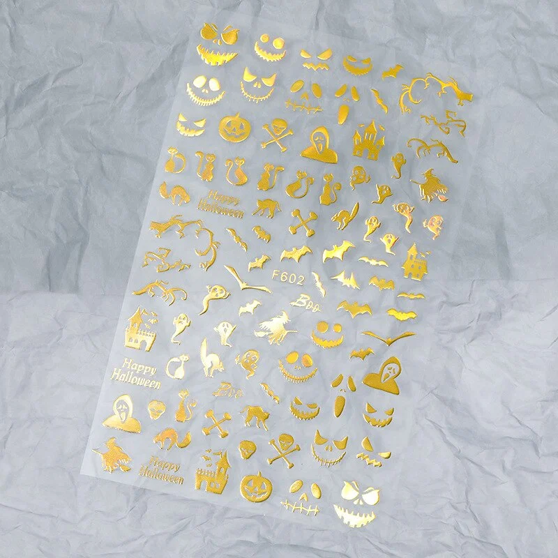 Halloween Nail Art Stickers Laser Black and White Skull Bat Spider Web Pumpkin Sticker Designer 3D Manicure Art Decals 9*16CM