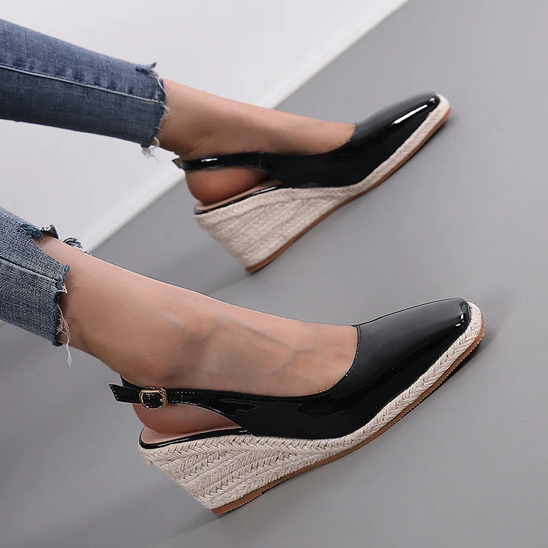 Wongn Wongn Slope Heel Thick Bottom High Heel Baotou Drag Women's Shoes Straw Hemp Rope Primer Leather Back Empty Slippers Female