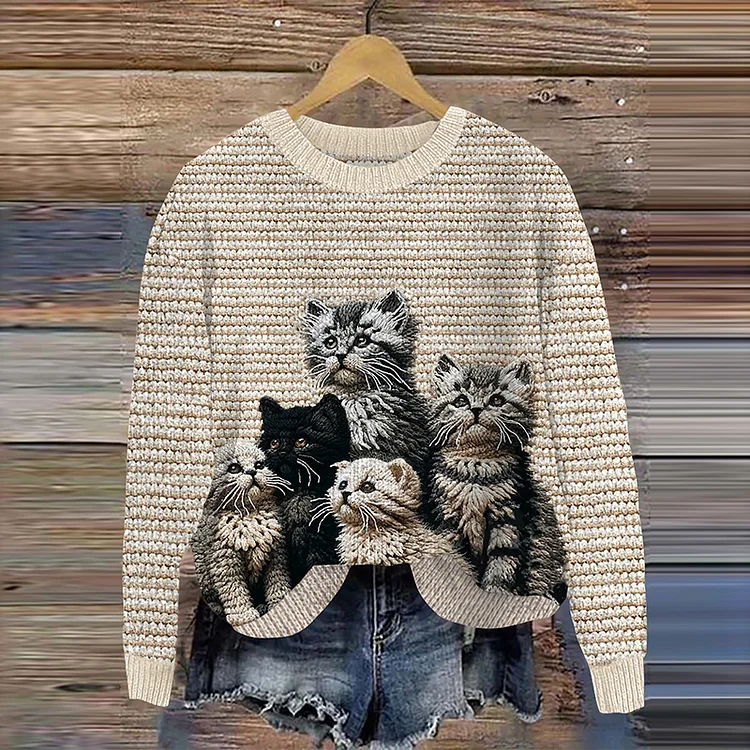 Women's Vintage Cute Cats Look Art Cozy Sweater