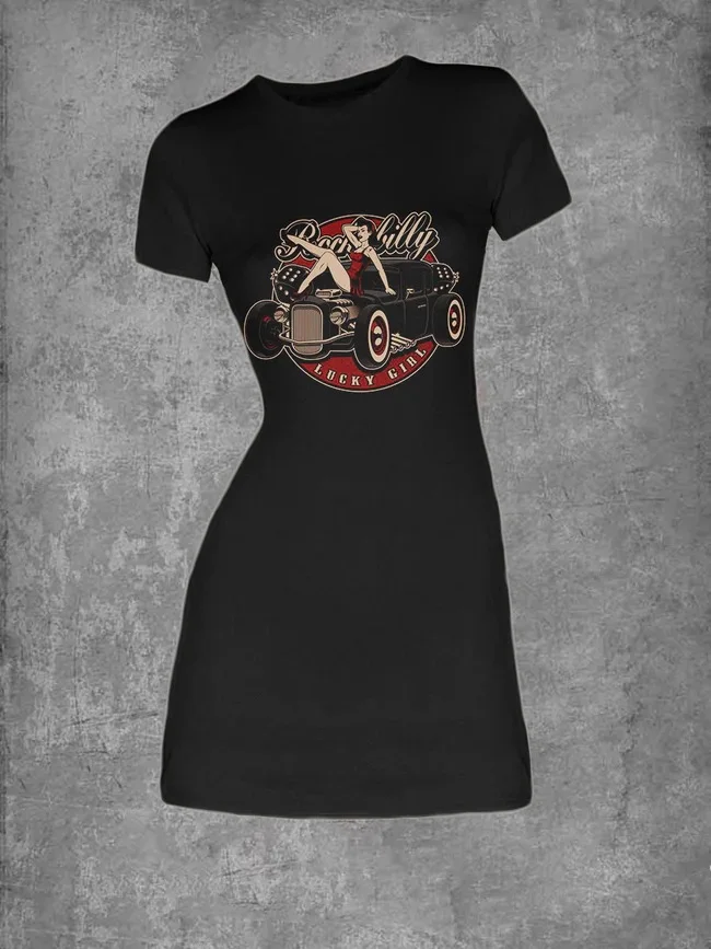 Retro Car Girl Print T-shirt Dress