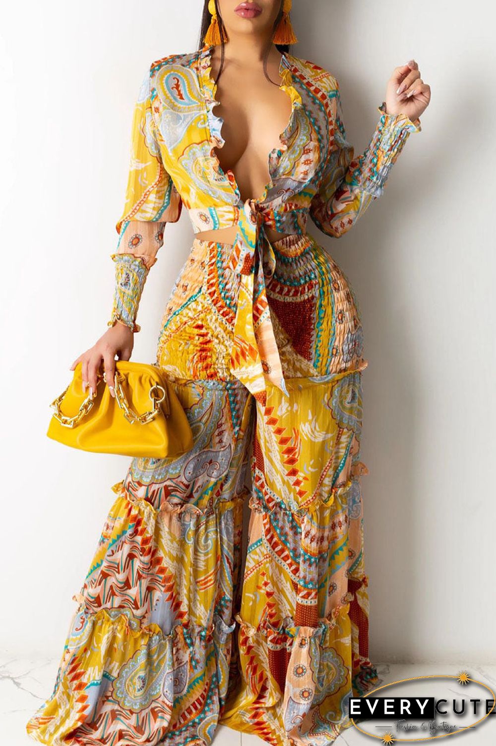 British Style Print Bandage Split Joint V Neck Long Sleeve Two Pieces