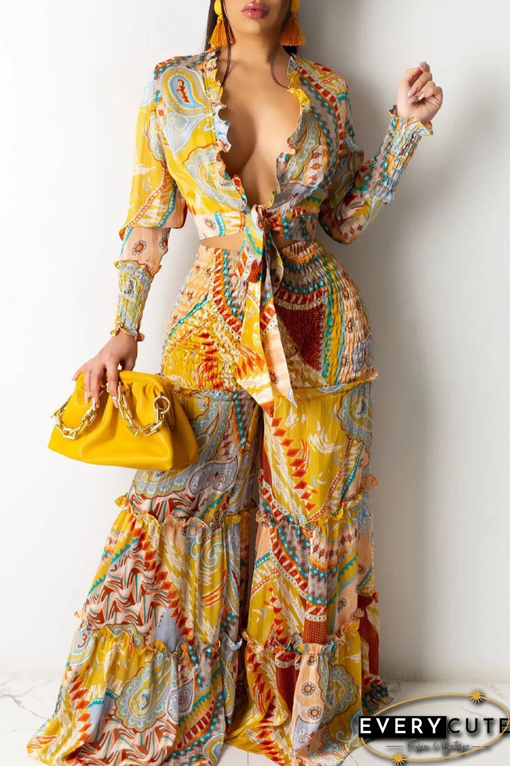 British Style Print Bandage Split Joint V Neck Long Sleeve Two Pieces