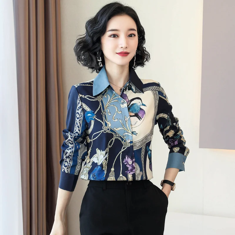 Toloer Toloer Chinese Style Women's Silk Jacket Autumn New Print Mulberry Silk Shirt Loose Long-Sleeved Shirt-Outfit Ideas