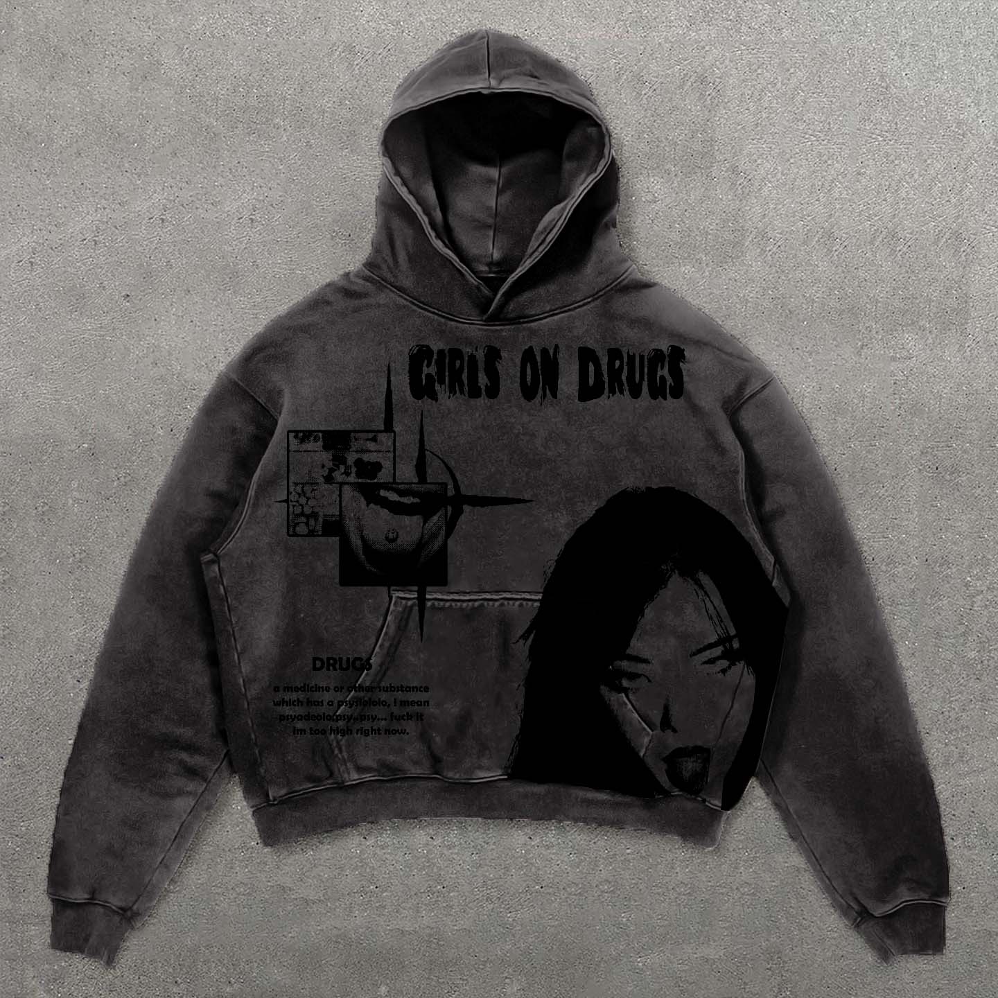Relaxed Vintage The Girls On Drugs Print Graphic Casual Street Washed Hoodie