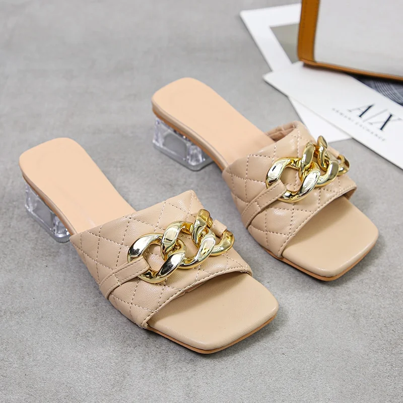 Qengg New Large Size Sandals and Slippers Fashion Chain Plaid High Heel Thick Heel Square Toe Rubber Sandals for Women