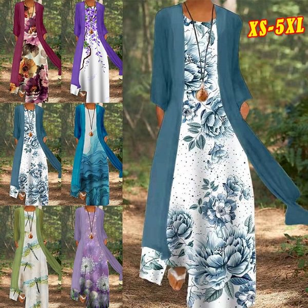 Spring Summer Fashion Women Long Dress Two Pieces Round Neck Sleeveless Printed Party Maxi Dresses with Long Loose Shawl Elegant Ladies Dress Plus Size XS-5XL - Life is Beautiful for You - SheChoic