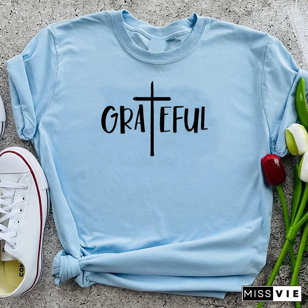 Grateful Letters Inspired Screen Printed Women T Shirt Vintage Motivation Easter Clothes Religious Church Jesus Top Dropshipping