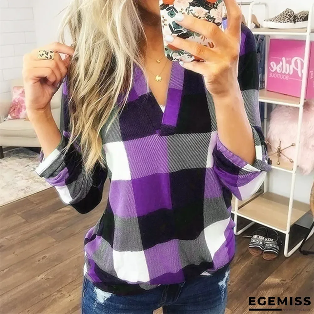 Best Selling Spring and Autumn Shirt Plaid Printed V-Neck Long Sleeve T-shirt | EGEMISS