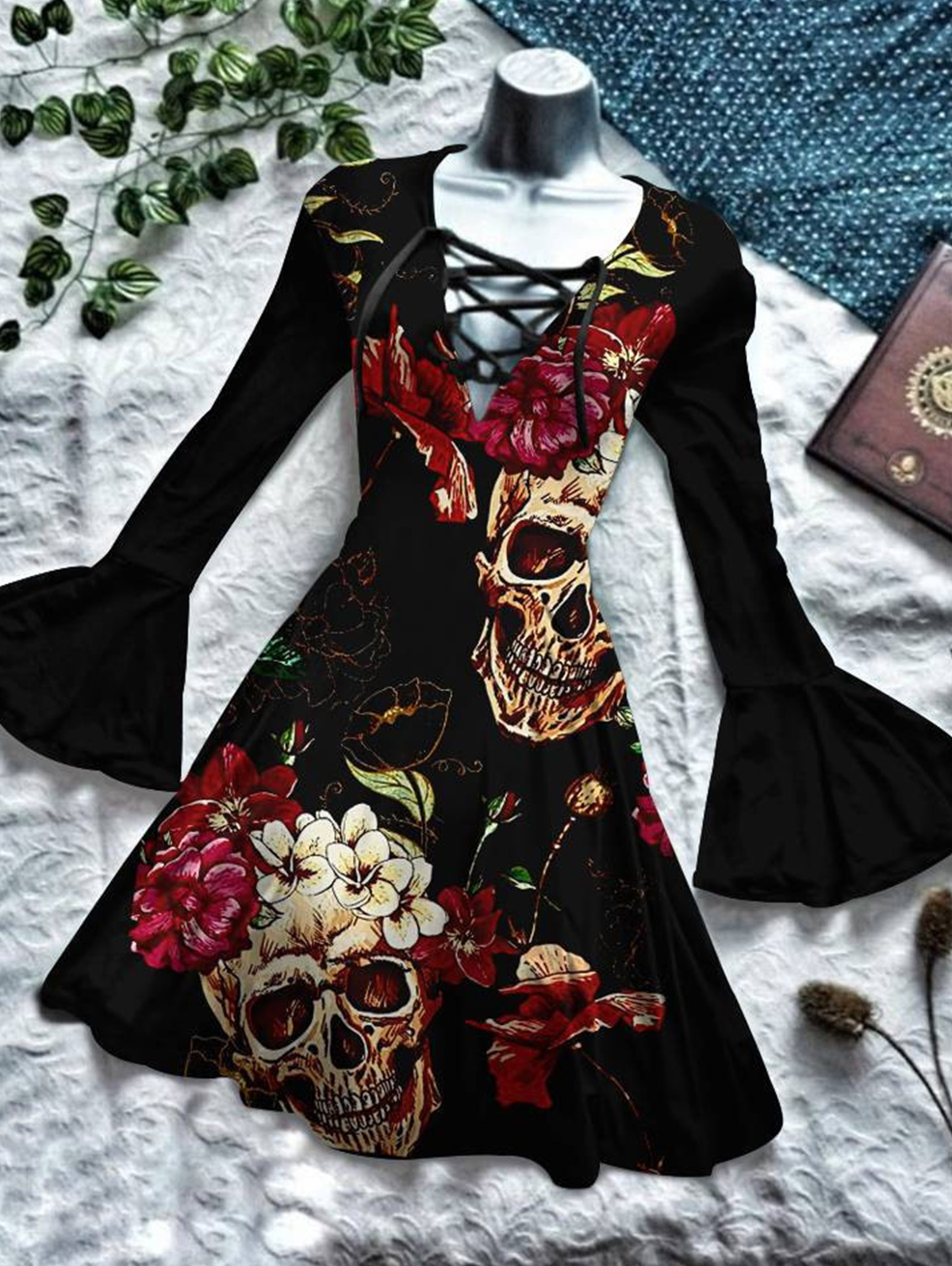 Halloween Skull Floral Print Strappy Flare Sleeve Midi Dress