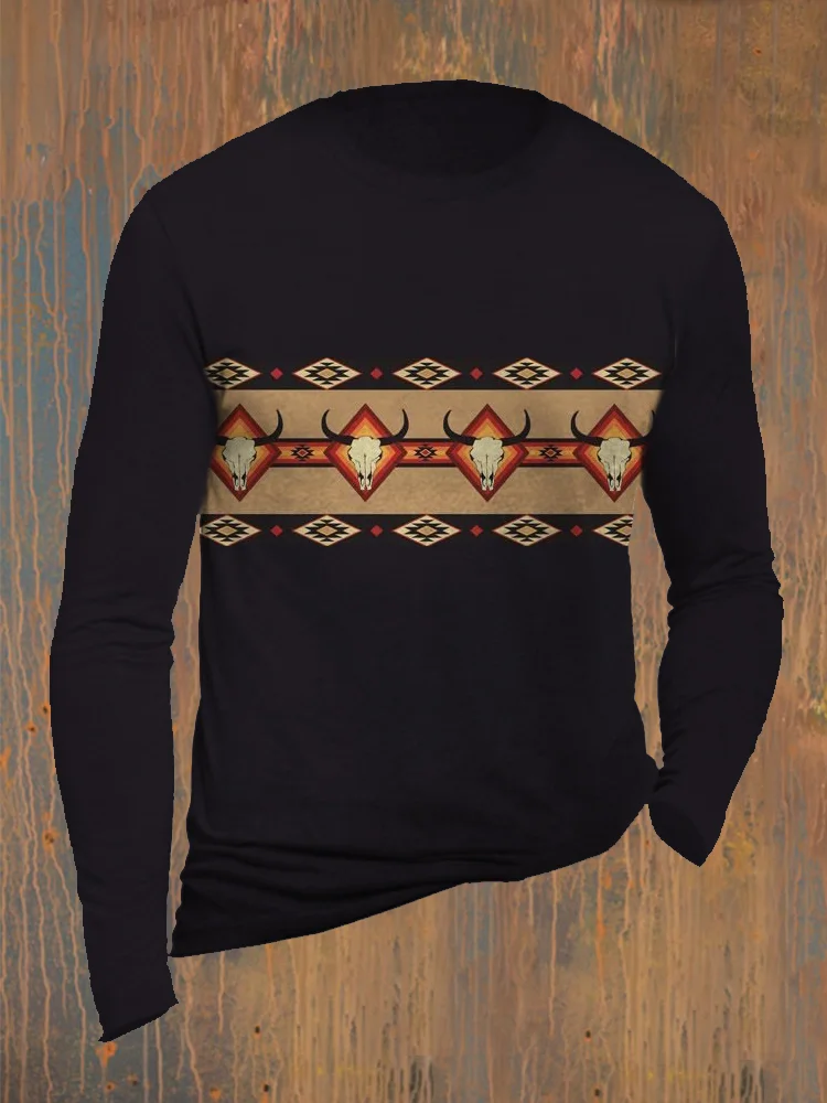 Western Ethnic Pattern Print Long Sleeve Crewneck T Shirt