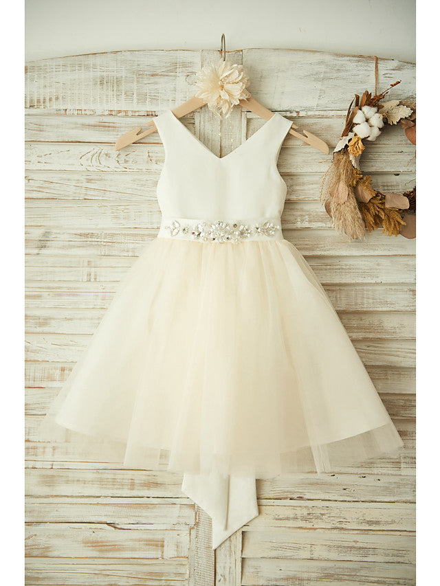 Oknass Ball Gown Sleeveless V Neck Flower Girl Dresses Satin Tulle With Bows Belt Beading