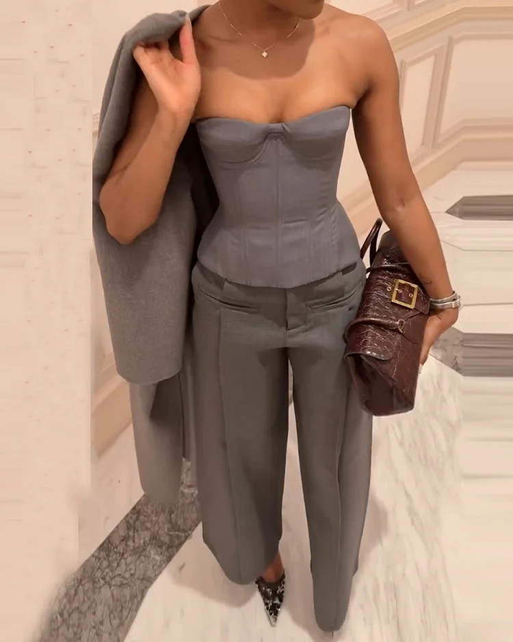 Sleeveless tube top solid color two piece suit