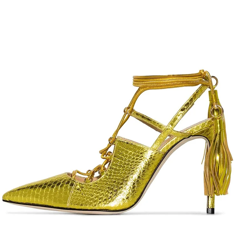 Gold Pointy Toe Strappy Heels Python Fringe Stiletto Heel Pumps |FSJ Shoes