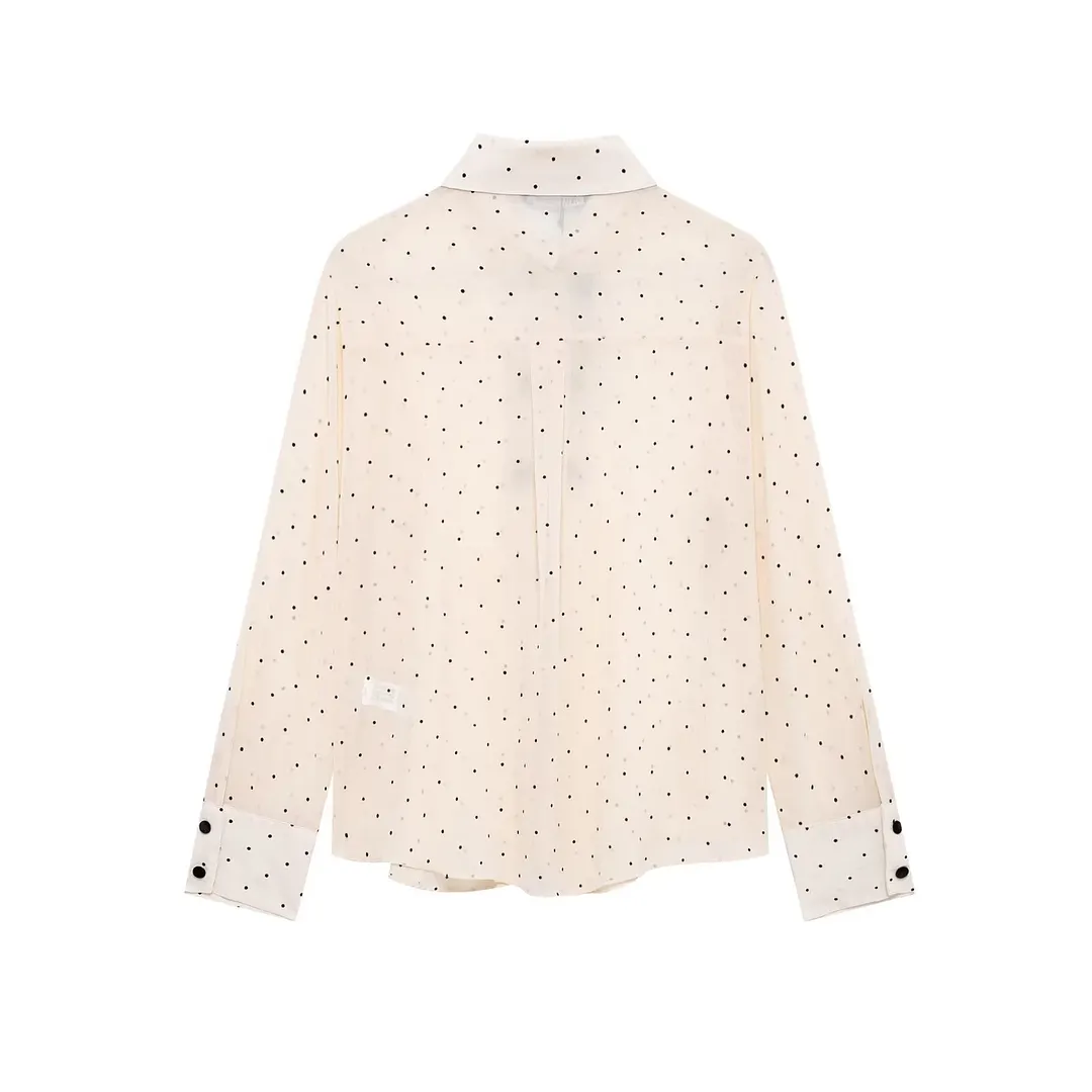 Churchf Churchf Bow Ornament Wave Point Printing Casual Shirt 2025 Spring And Summer Long-Sleeved Loose Women's Top