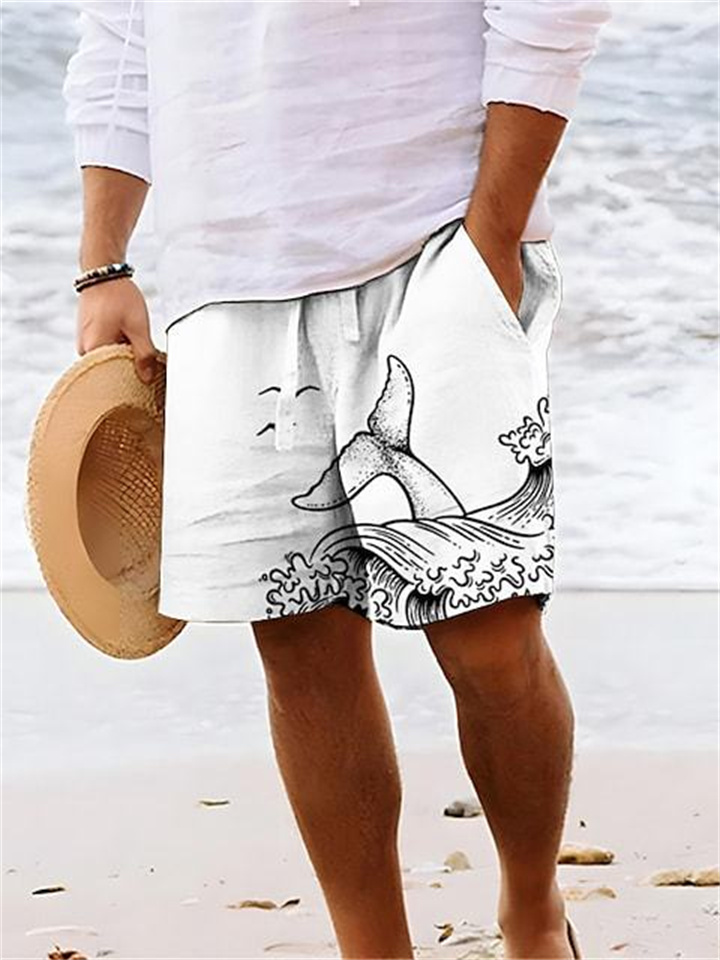 Beach Drawstring Shorts Animal Print Whale Tail Pattern White Brown Green Blue