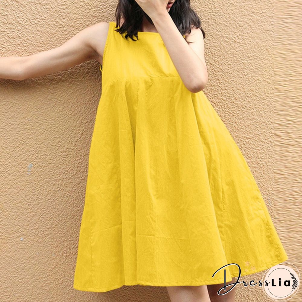 Women Sleeveless Mini Dress Summer Cotton Party Casual Loose Pleated Dress Plus Size Clothes