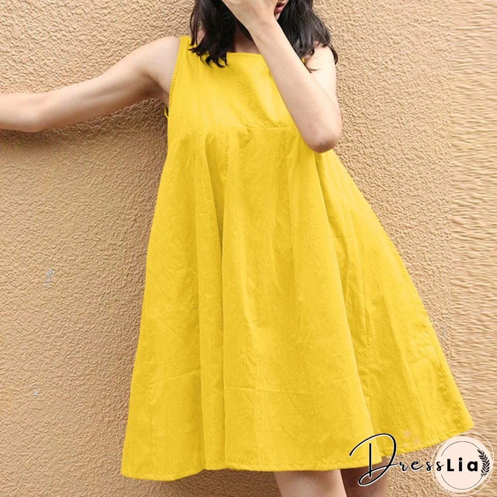 Women Sleeveless Mini Dress Summer Cotton Party Casual Loose Pleated Dress Plus Size Clothes