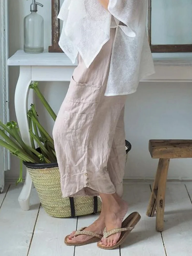Summer Pockets Buttoned Elastic Waist Stylish Casual Capri Pants