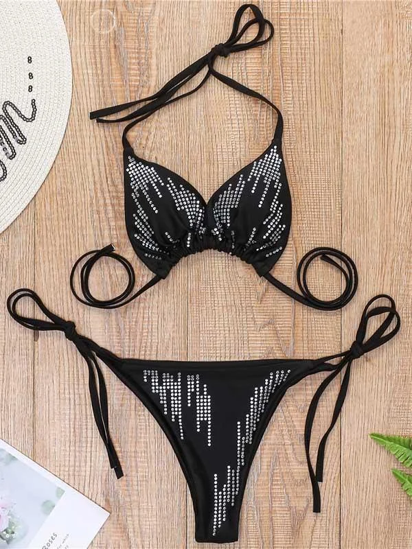 Embellished Triangle Split Bikini Swimsuit