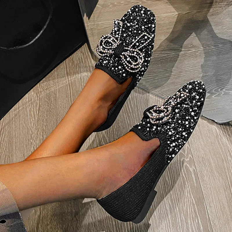 Crystal Bow Flat Breathable Loafers