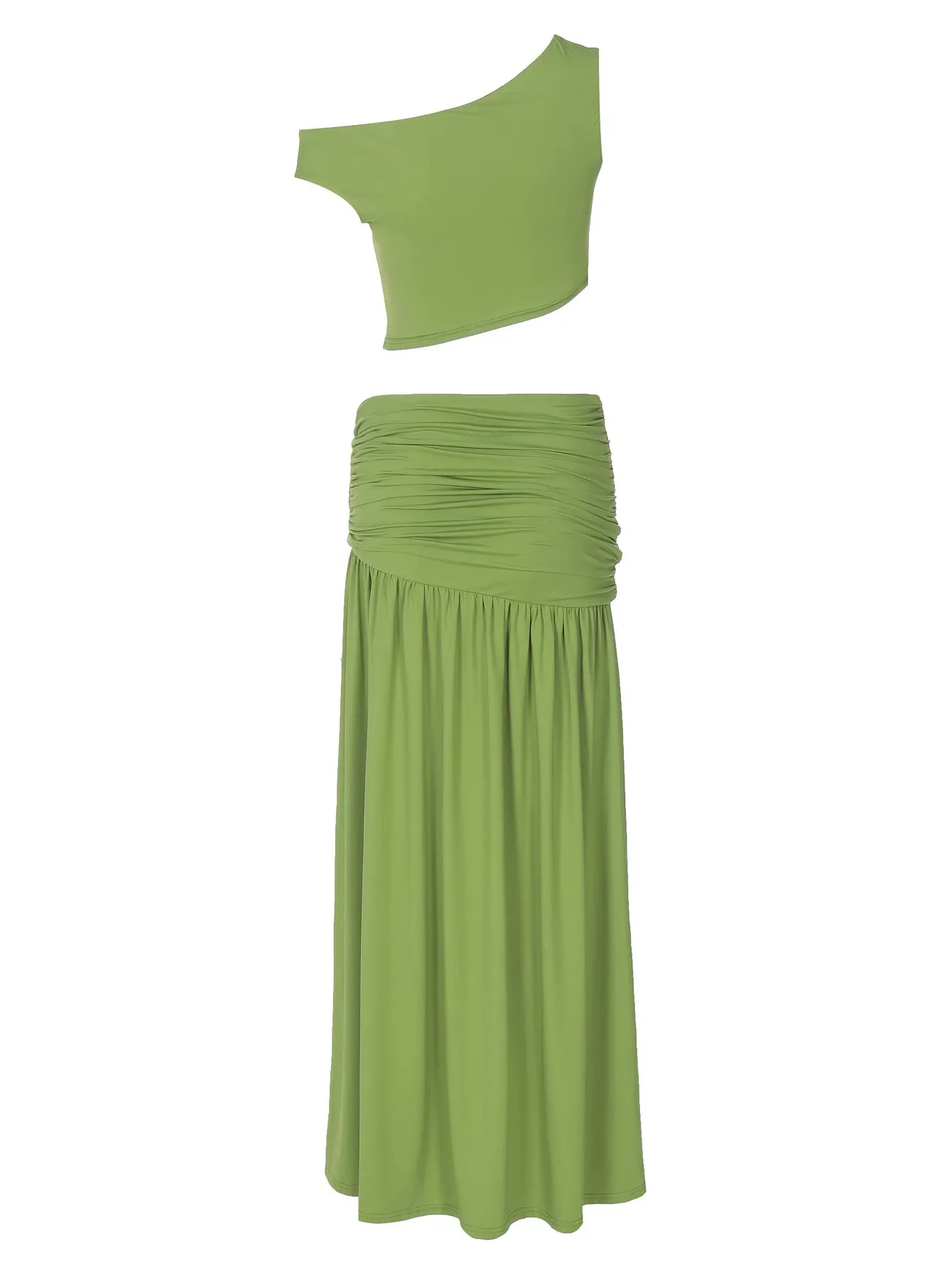 Women's Two-piece Solid Color One Shoulder Sleeveless Tank Top Bodycon Side Split Metal Flower Stitched Ruched Long Skirt Sets, Strapless Backless Irregular Hem Tube Tops with Pleated Slit Skirts, Womenswear Clothes Women's Two-piece Solid Color One Shoulder Sleeveless Tank Top Bodycon Side Split Metal Flower Stitched Ruched Long Skirt Sets, Strapless Backless Irregular Hem Tube Tops with Pleated Slit Skirts, Womenswear Clothes