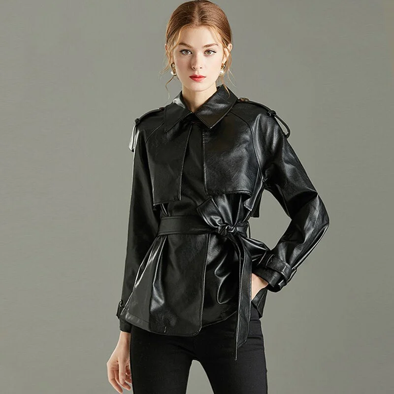 FTLZZ 2021 Spring Autumn Lapel Faux Leather Jacket Women Green PU Coat Simplicity Loose Jackets Office Lady Outwear with Belt