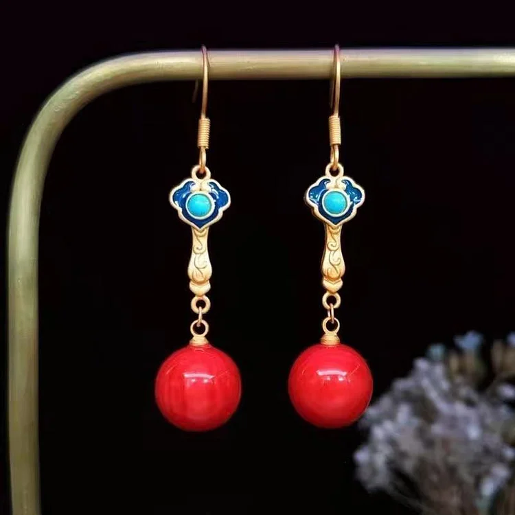 Regular Red Gem Stone Turquoise Gem Stone Drop Earrings