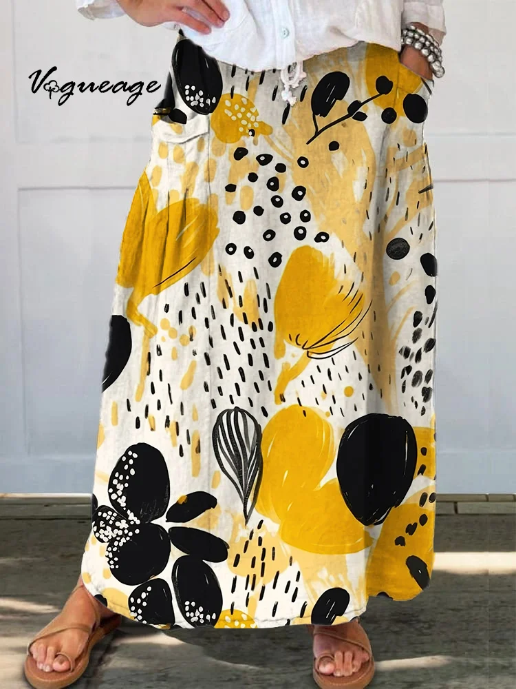 Hand Drawn Colorful Spots Plants And Flowers Printed Women's Casual Cotton And Linen Skirt