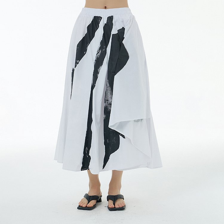 Fashion Contrast Color Abstract Printed Asymmetrical Patchwork Skirt   