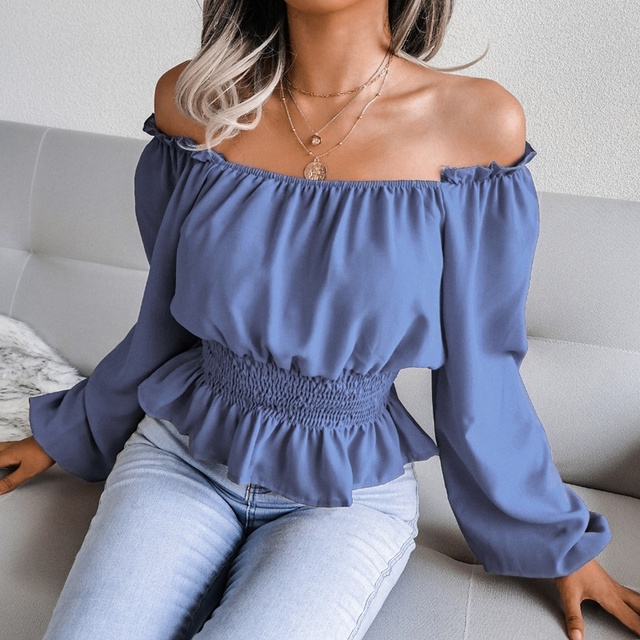 Sexy Slash Neck Off Shoulder Ruffle Top Women Fashion Solid Color High Waist Blouses