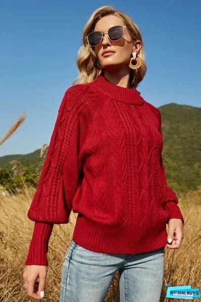 Ribbed Mock Neck Lantern Sleeve Sweater