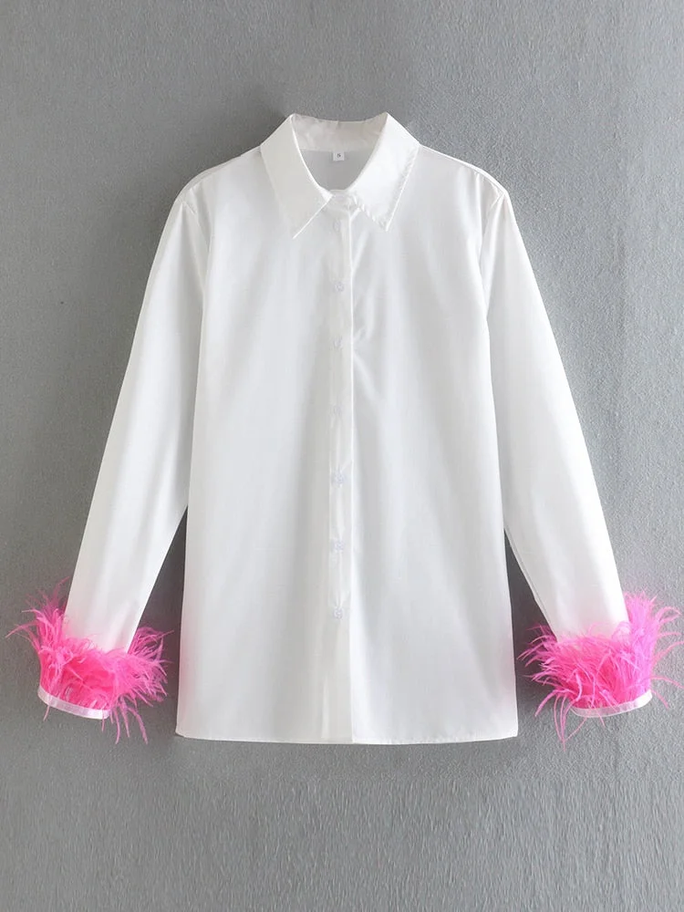 Back to school  Elegant Feathers Long Sleeve Shirt Casual Turn Down Collar Buttons Blouse Women Solid Chic Tops Streetwear Tunics Clothing 2022