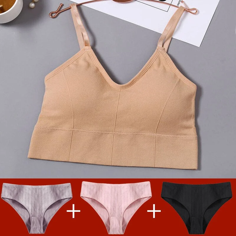 Tank Crop Top Bra + 3PCS Panties Set Fashion Solid Color Bra Set for Women Intimates Underwear Female Lingerie Casual Bralette