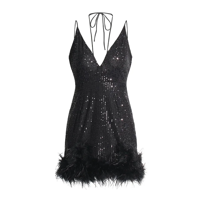 Zingj 2025 Sexy Deep V-Neck Slid Strap Design Splicing Ostrich Hairy Sling Dress Woman